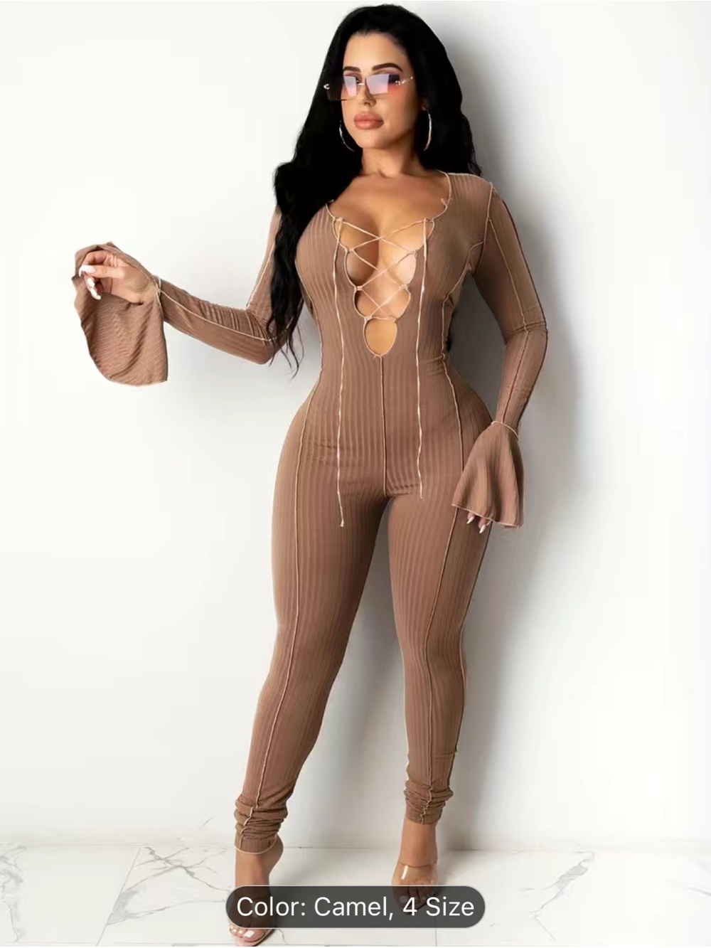 Slinky Lace-Up Camel Jumpsuit